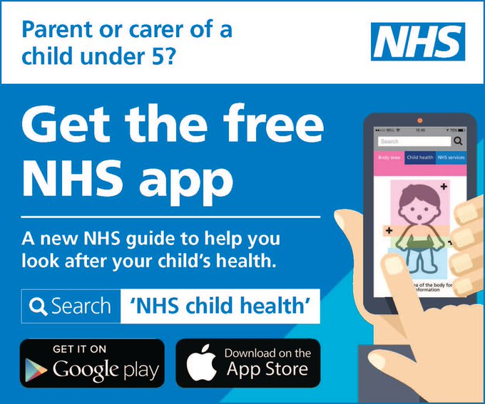 Parent or carer of a child under 5? Get the free NHS app, a new guide to help you look after your child's health. Search NHS child health on Google Play or the App Store.